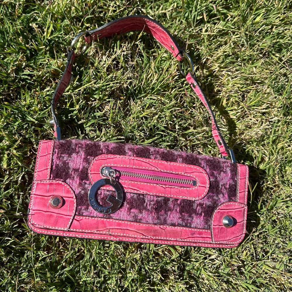 Guess Pink Crocodile Y2K Tweed Baguette Shoulder Purse Handbag 2000s Retro